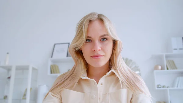 Young girl talking to camera making conference video call — Stock Photo, Image