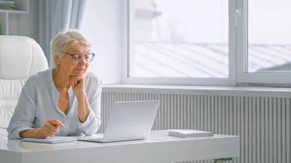 满脸笑容的白发苍苍的老年女商人用钢笔在笔记本上写字，然后坐在网上视频会议上聊天 — 图库照片