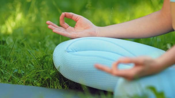 Yoga-Praktizierende hält Hände auf Knien in Lotus-Pose — Stockvideo