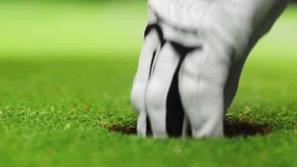 Mains masculines dans un gant blanc ramasser une balle de golf du trou — Video