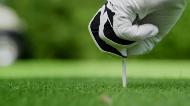 Mano masculina en un guante de golf pone la pelota en el campo — Vídeos de Stock