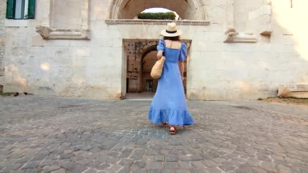 Chica atractiva en un vestido azul caminando por la calle en la ciudad — Vídeo de stock