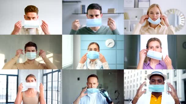 Jongeren van verschillende nationaliteiten dragen een blauw medisch masker. Knappe mensen met een medisch masker — Stockvideo