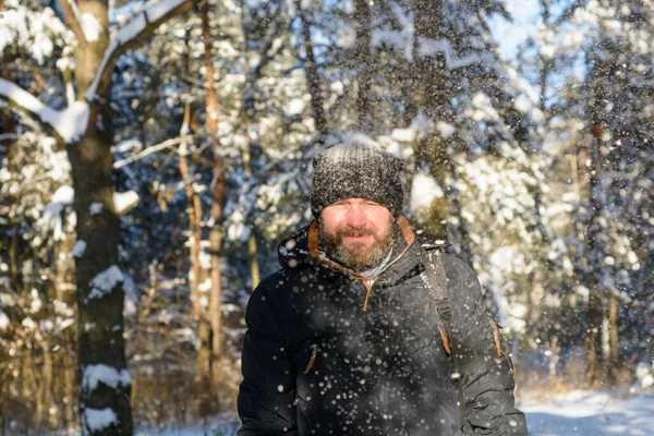 Frozen Bearded Man Warm Clothes Stands Snow Winter Sunny Forest — Stock Photo, Image