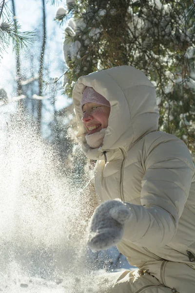 Young Beautiful Woman Playing Snow Winter Forest Bright Sunny Day — Stock Photo, Image