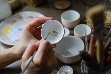 Seramik el yapımı bir kaseyi elle boyama işlemi. Sanatçının güzel kadın ellerine dikkat edin..