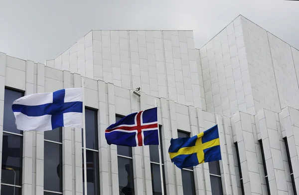 Размахивая финскими, шведскими, исландскими флагами против Финляндии Ха — стоковое фото