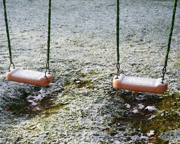 Children Swing Yard Covered First Snow — Stock Photo, Image