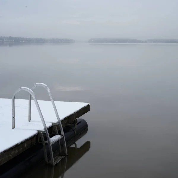 Träbrygga Och Stege Sjön Täckt Med Snö — Stockfoto