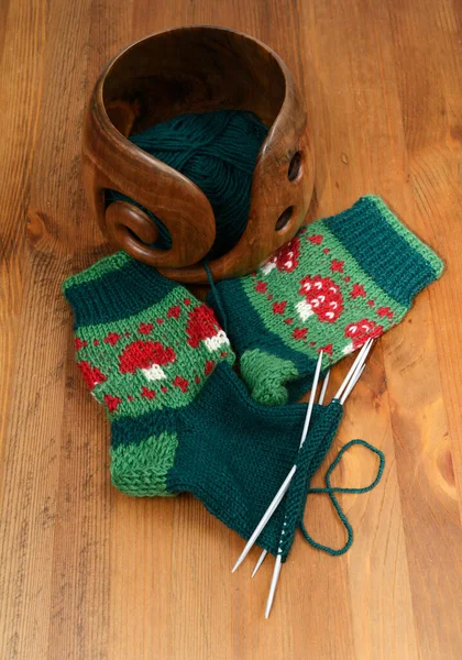 Woolen Socks Amanita Wool Wooden Handmade Bowl — Stock Photo, Image