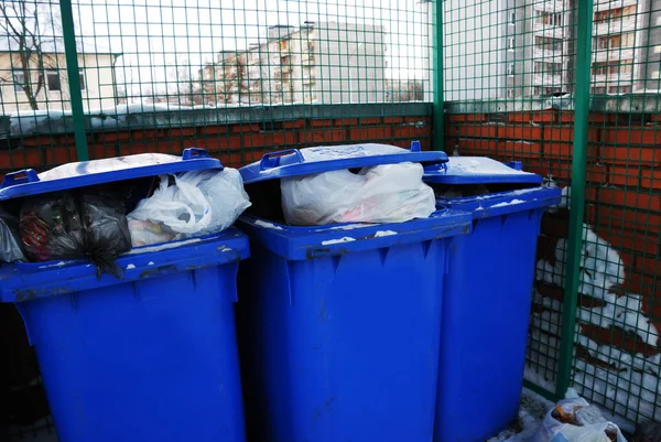 Three blue plastic garbage — Stock Photo, Image