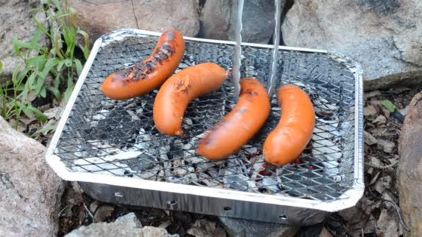 Cooking on a disposable barbecue outdoors — Stock Video