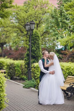 Gelin ve damat parkta öpüşme