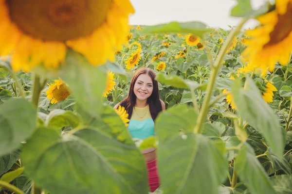 Woman in beauty field with sunflowers — Stock Photo, Image