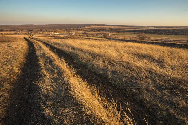 Krásný východ slunce v stepi přes polní cestu. — Stock fotografie