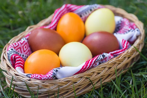 Unique hand painted Easter eggs in basket on grass. — Stock Photo, Image