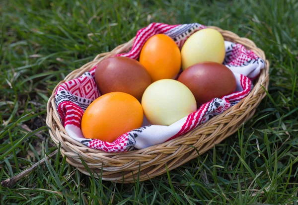 Unique hand painted Easter eggs in basket on grass. — Stock Photo, Image