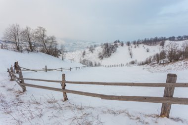 Çit ve yolu ile kırsal Alpin kış manzarası