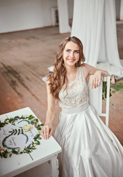 Beautiful Bride White Dress Sitting Chair Window Holding Wedding Bouquet — Stock Photo, Image