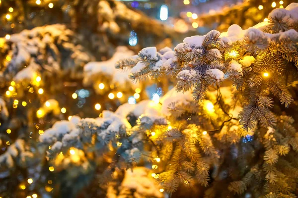 Město Ulice Venkovní Zdobené Vánoční Strom Zblízka Červenou Cetkou — Stock fotografie