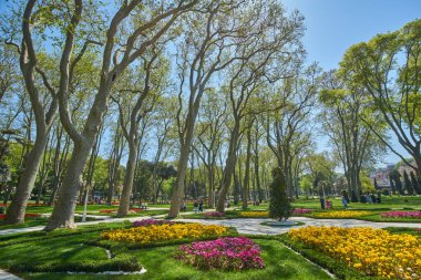İstanbul, Türkiye - 23 Nisan 2018, Yıllık Lale Festivali Yeni Tasarım Gülhane Parkı, yerel halk ve turistler dinleniyor, fotoğraf çekiyorlar, hayattan kesitler, editoryal.