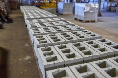 Baskılı çimento harcından endüstriyel yapı malzemeleri üretimi. Yüksek kalite beton blok ya da beton tuğla. Baskıdan sonra paletlerin üzerine istiflenmiş bitmiş ürünler.