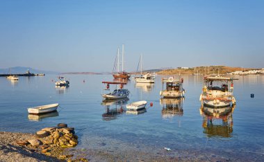 Bodrum Sahili, Ege Denizi, geleneksel beyaz evler, çiçekler, marina, Bodrum kasabası Türkiye 'de yelkenli tekneler, yatlar.