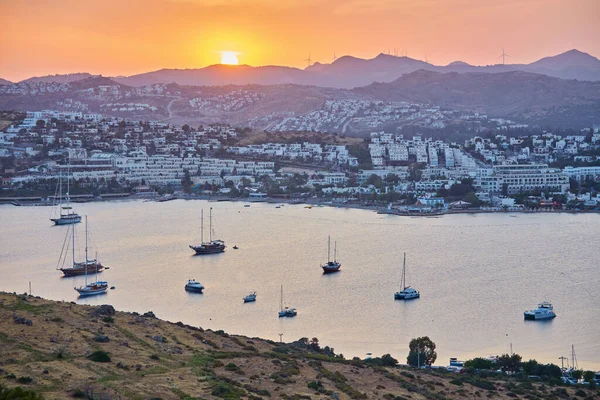 Panorámás Sunset Kilátás Gumbet Bay Bodrum Török Riviérán Bodrum Mugla — Stock Fotó