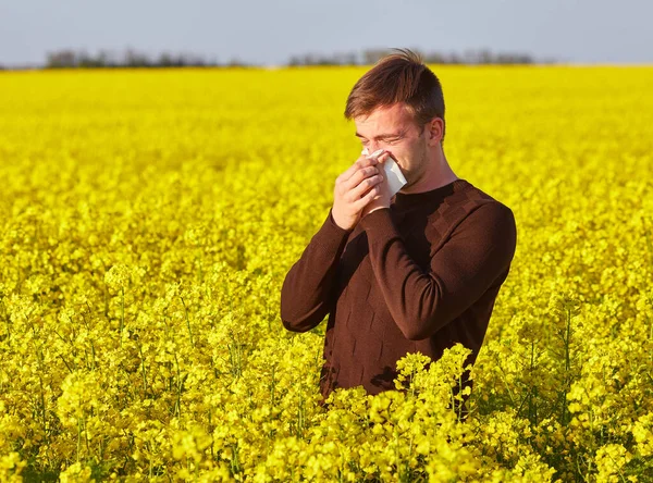 Mann Feld Pustet Sich Die Nase Aus Und Leidet Heuschnupfen — Stockfoto