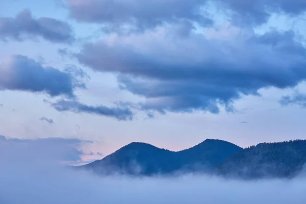 Paisaje Con Niebla Montañas Hileras Árboles —  Fotos de Stock