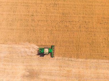 Buğday tarlasında hasat makinesinin hava görüntüsü. Tarımsal tema endüstriyel geçmişi. İşinizi denetlemek için dronları kullanın.
