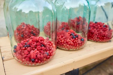 Konserveler için hazırlanmış ahududu ve üzümlü cam kavanozlar. Ev yapımı komposto hazırlanıyor