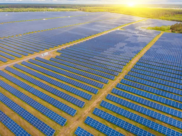 Solar power plant in the field. Aerial view of Solar panels. Solar farm. The source of ecological renewable energy.