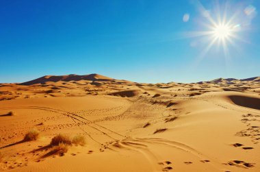 Sahra Çölü 'ndeki güzel kum tepeleri, Merzouga, Fas