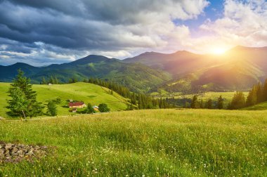 Dağlardaki yaz manzarası ve bulutlu koyu mavi gökyüzü.
