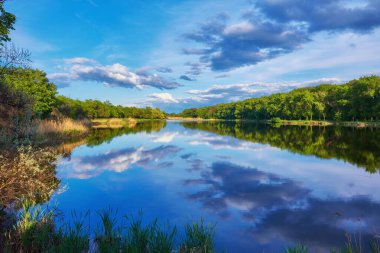 Yazın gün batımında güzel nehir kıyısında. Göl, yeşil ağaçlar ve çimenler ile renkli manzara, mavi gökyüzü çok renkli bulutlar ve suya yansıyan turuncu güneş ışığı. Doğa. Canlı bir manzara.