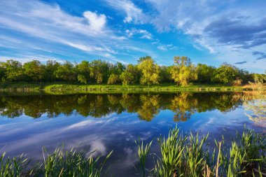 Yazın gün batımında güzel nehir kıyısında. Göl, yeşil ağaçlar ve çimenler ile renkli manzara, mavi gökyüzü çok renkli bulutlar ve suya yansıyan turuncu güneş ışığı. Doğa. Canlı bir manzara.