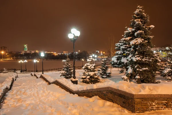 Zdobené zimní městský park v Doněcku. Ukrajina — Stock fotografie