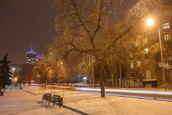 Parque de inverno à noite coberto de neve — Fotografia de Stock