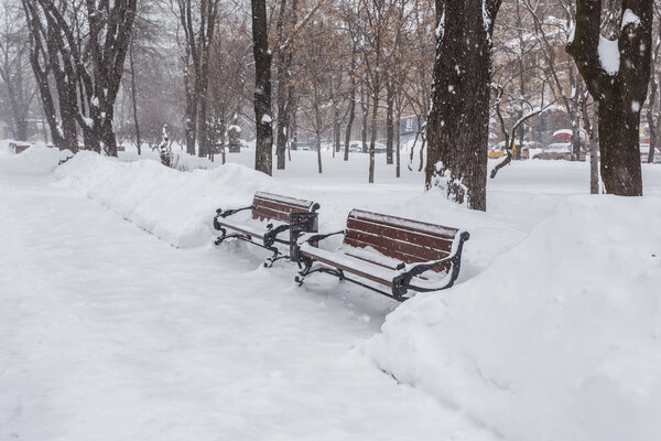Benches in the winter city park which has been filled up with snow