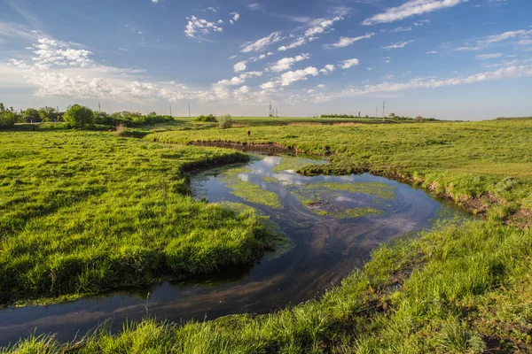 Зеленая трава, река и облака — стоковое фото