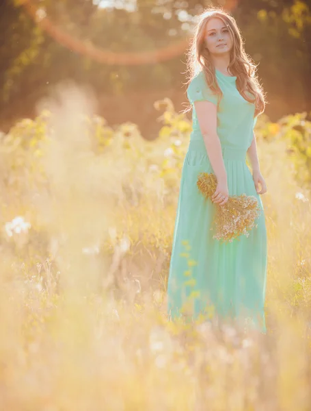 Artistic portrait of young gorgeous brunette on green meadow. — Stock Photo, Image