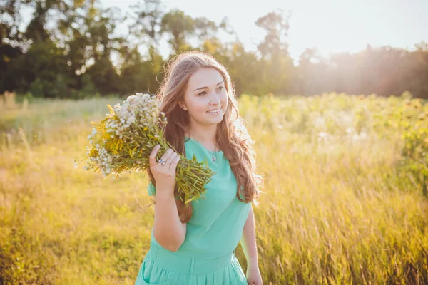 Artistic portrait of young gorgeous brunette on green meadow. — Stock Photo, Image