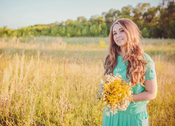 Artistieke portret van jonge prachtige brunette op groene weide. — Stockfoto