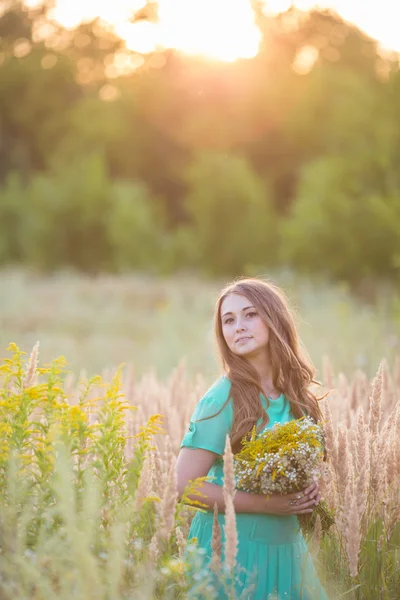 Artistic portrait of young gorgeous brunette on green meadow. — Stock Photo, Image