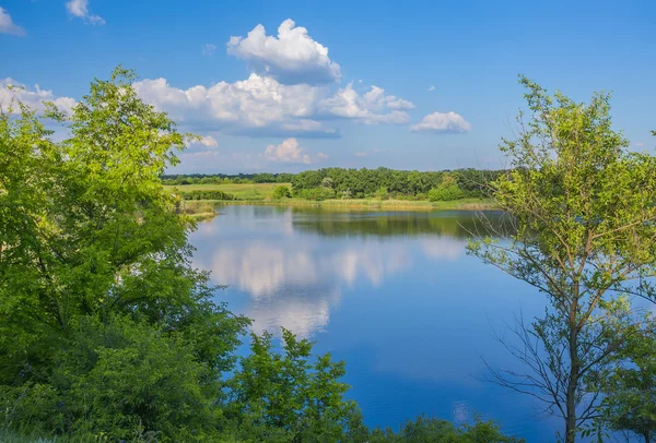 Klidné krásné venkovské krajiny s jezerem — Stock fotografie