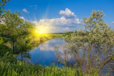 Bir göl ile sakin güzel kırsal manzara 