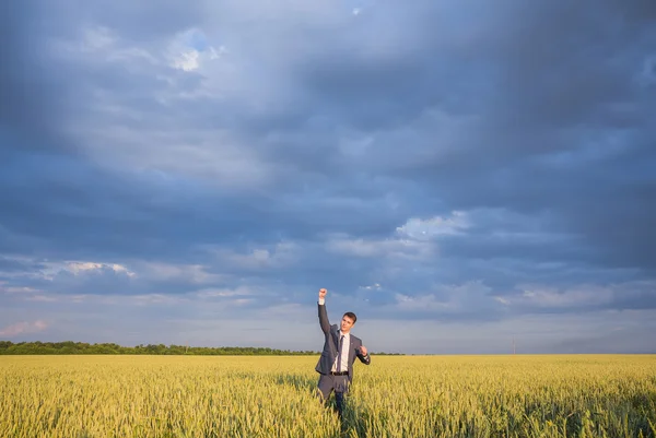Lycklig bonde, affärsman, står i vete fält med händerna och tummen upp — Stockfoto