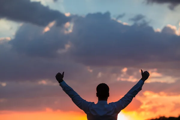 Empresario de pie en el campo para hacer frente a la puesta de sol — Foto de Stock