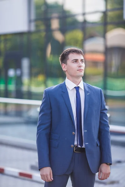 Portret młodego biznesmena stojący ponad tło zamazane pole — Zdjęcie stockowe